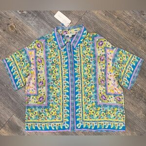 Alex & Lili Med Boho Paisley Blouse Cottagecore Print Short Sleeve Oversized